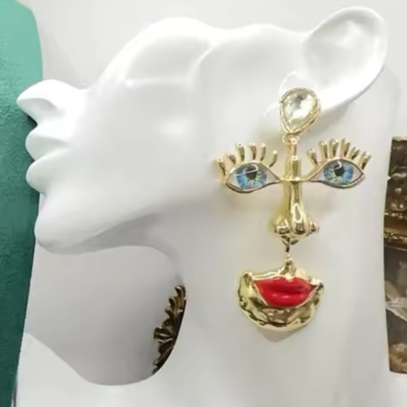 Visage Surrealism Gold Blue Eyes Earrings - Picture 7 of 10